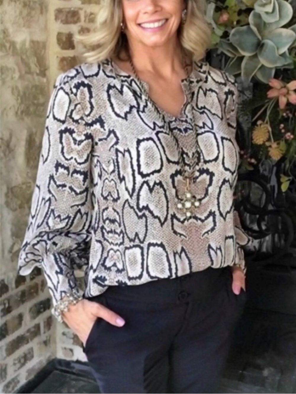 CAbi Serpentine Snake Print Blouse in Tan/Black Size Small #3759